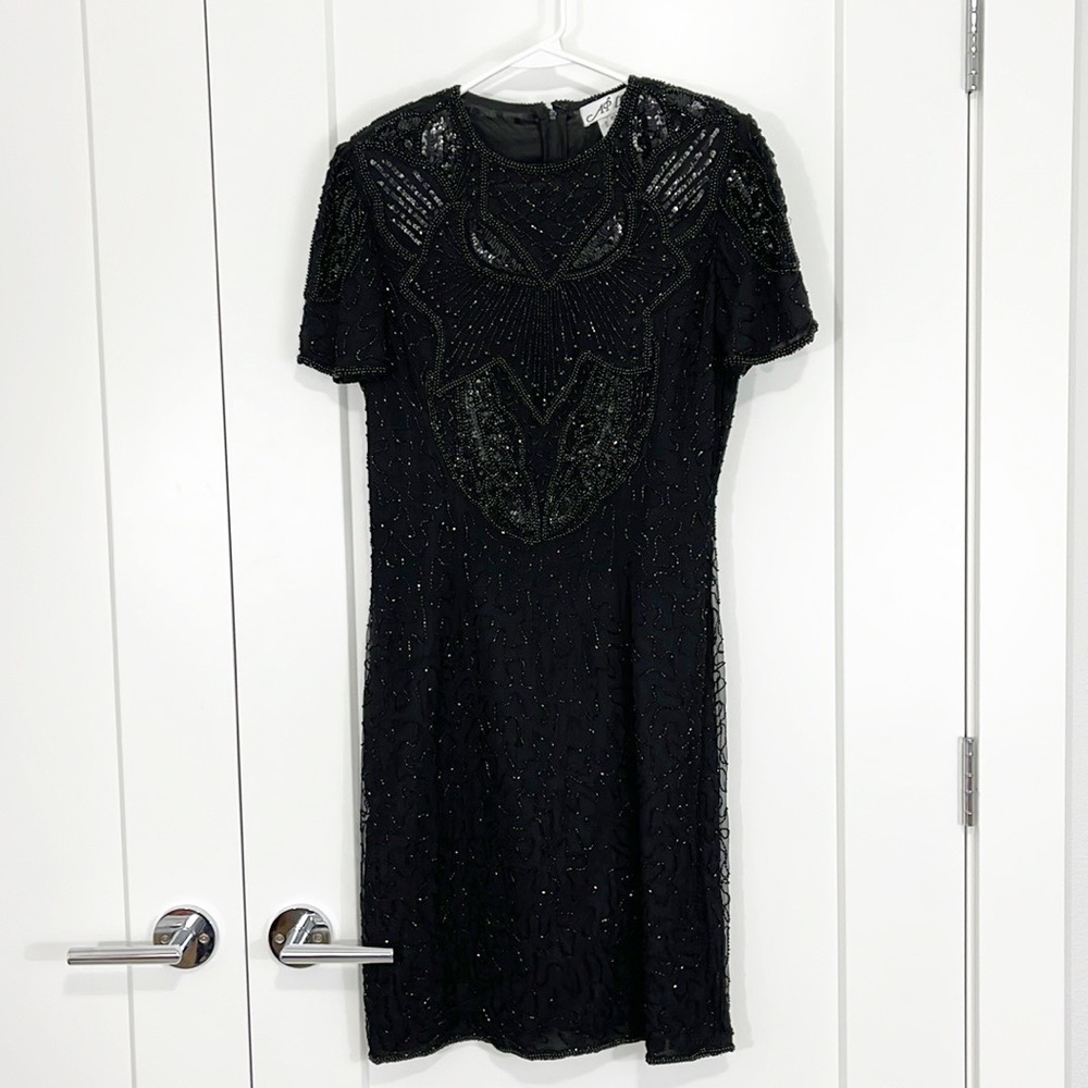 Vintage Adrianna Papell Size 10 Black Silk Sequin Beaded 80's Evening Dress